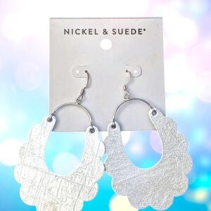 Nickel & Suede Silver Textured Hoop Drop Earrings